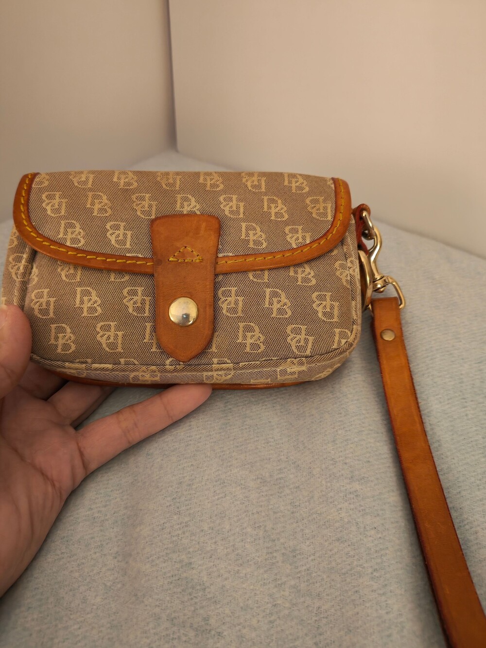 Dooney & Bourke Canvas Wristlet Tan Leather Trim Small Purse